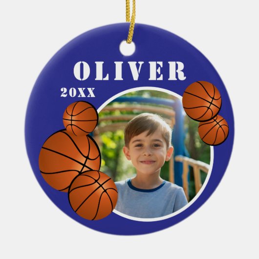 Aangepaste Blauwe Basketbal Sport Foto Keramisch Ornament (Voorkant)