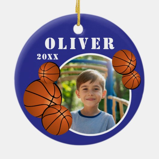 Aangepaste Blauwe Basketbal Sport Foto Keramisch Ornament (Achterkant)