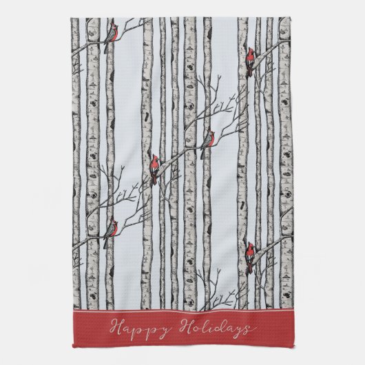 Aangepaste blauwe berkenbomen en rode kardinaalvog theedoek (Verticaal)