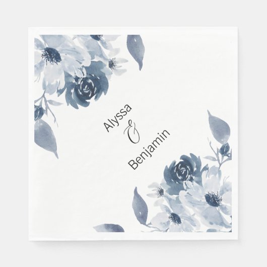 Aangepaste blauwe bloem waterverf bruiloft servet (Voorkant)