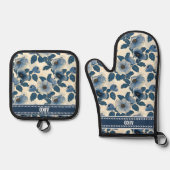 Aangepaste Blauwe Bloemen Gouden Glitter Japanse U Ovenwant & Pannenlap Set (Voorkant)