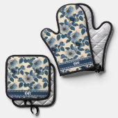 Aangepaste Blauwe Bloemen Gouden Glitter Japanse U Ovenwant & Pannenlap Set (Voorkant / Achterkant)