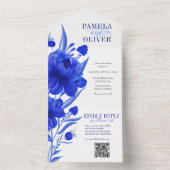 Aangepaste Blauwe Bloemen met QR RSVP All In One Uitnodiging (Binnen)