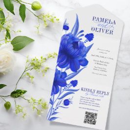 Aangepaste Blauwe Bloemen met QR RSVP All In One Uitnodiging