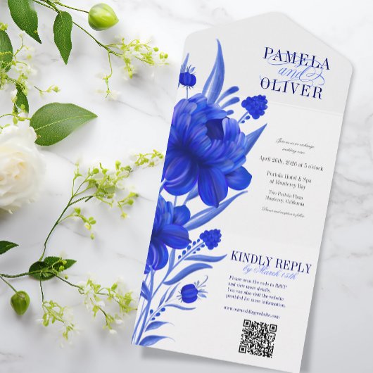 Aangepaste Blauwe Bloemen met QR RSVP All In One Uitnodiging