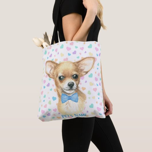 Aangepaste blauwe Bowtie Chihuahua Tote Bag (Dichtbij)