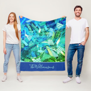 Aangepaste Blauwe Cyaan Groene Abstracte Zeevaart Fleece Deken