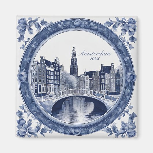 Aangepaste Blauwe Delfts Amsterdam Souvenir Magneet (Voorkant)