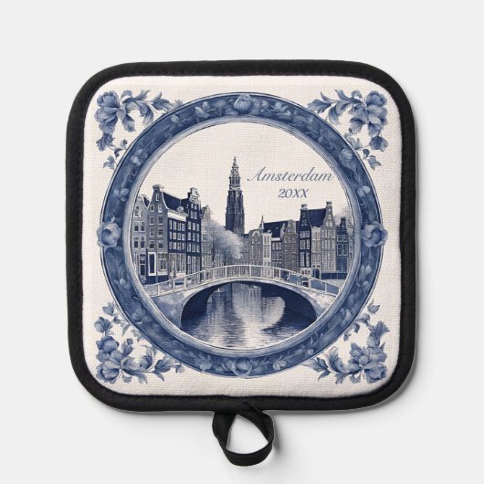 Aangepaste Blauwe Delfts Amsterdam Souvenir Pannenlap (Voorkant)