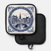 Aangepaste Blauwe Delfts Amsterdam Souvenir Pannenlap (Voorkant / Achterkant)