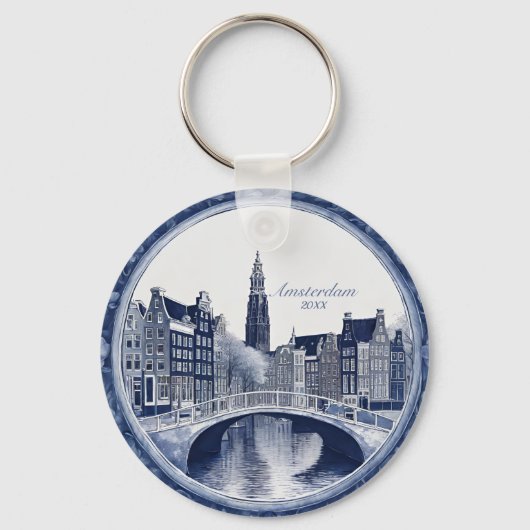 Aangepaste Blauwe Delfts Amsterdam Souvenir Sleutelhanger (Voorkant)