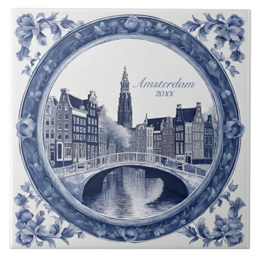 Aangepaste Blauwe Delfts Amsterdam Souvenir Tegeltje (Voorkant)