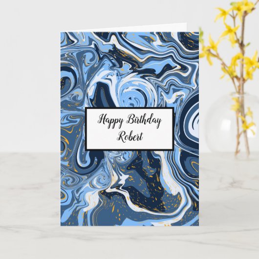 Aangepaste blauwe en goudmarmerdag kaart (Gele Bloem)