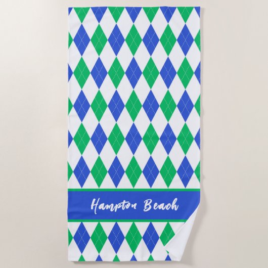 Aangepaste blauwe en groene argyle-strandhanddoek strandlaken (Voorkant)