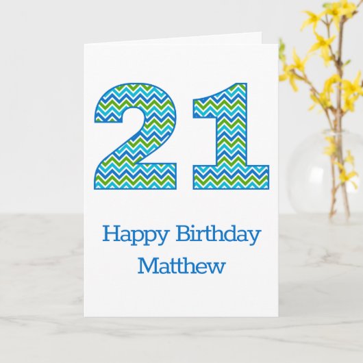 Aangepaste Blauwe en Groene Chevron 21ste Verjaard Kaart (Gele Bloem)