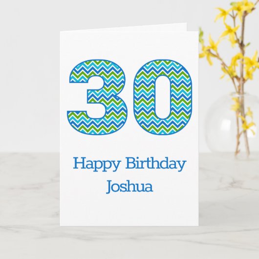 Aangepaste Blauwe en Groene Chevron 30ste Verjaard Kaart (Gele Bloem)