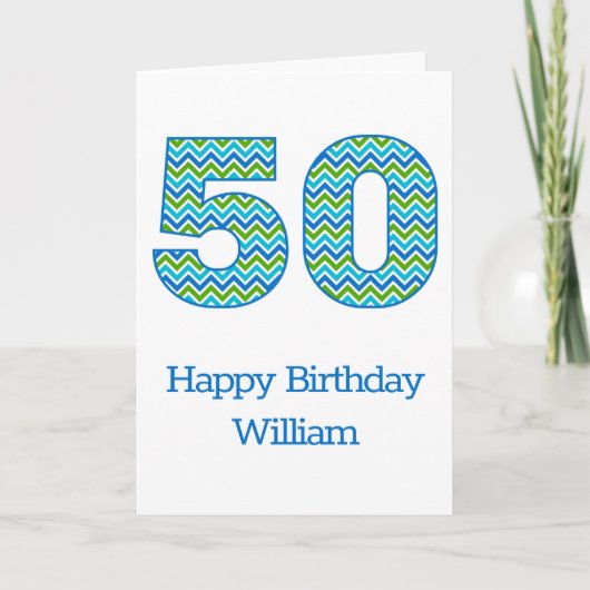 Aangepaste blauwe en groene Chevron 50th Birthday Kaart (Voorkant)