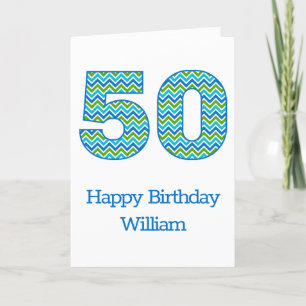Aangepaste blauwe en groene Chevron 50th Birthday  Kaart