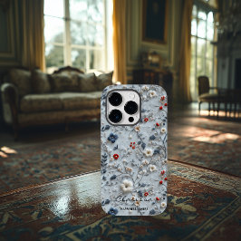 Aangepaste Blauwe en Rode Geborduurde Bloemen met  Case-Mate iPhone 14 Pro Hoesje