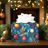 Aangepaste Blauwe en Rode Ornamenten Kerst Cadeaupapier