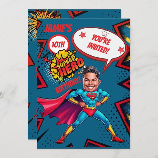 Aangepaste blauwe en rode Super Hero Boy Karikatuu Kaart (Voorkant / Achterkant)