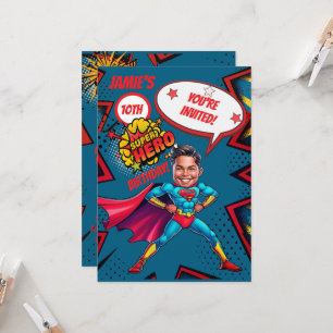 Aangepaste blauwe en rode Super Hero Boy Karikatuu Kaart