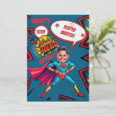 Aangepaste Blauwe en Rode Superhelden Jongen Caric Kaart (Staand voorkant)