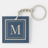 Aangepaste blauwe en vanille omlijst monogram sleutelhanger (Achterkant)