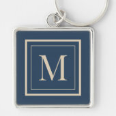 Aangepaste blauwe en vanille omlijst monogram sleutelhanger (Voorkant)