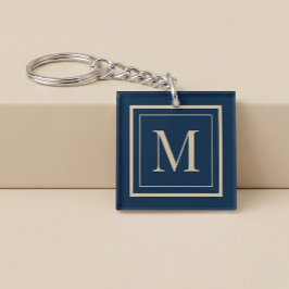 Aangepaste blauwe en vanille omlijst monogram sleutelhanger
