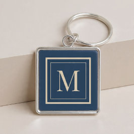 Aangepaste blauwe en vanille omlijst monogram sleutelhanger