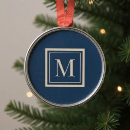 Aangepaste blauwe en vanille omlijste monogram metalen ornament