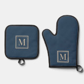 Aangepaste blauwe en vanille omlijste monogram ovenwant & pannenlap set (Voorkant)