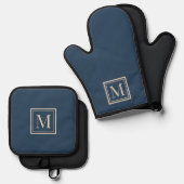Aangepaste blauwe en vanille omlijste monogram ovenwant & pannenlap set (Voorkant / Achterkant)