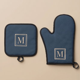 Aangepaste blauwe en vanille omlijste monogram ovenwant & pannenlap set
