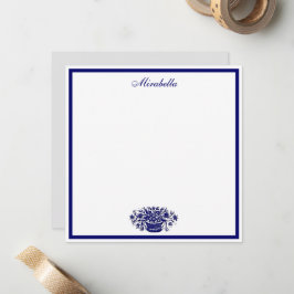 Aangepaste blauwe en witte bloemmotief blauwe rand notitiekaartje