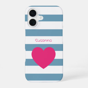 Aangepaste blauwe en witte gestreepte roze hart iPhone 16 hoesje