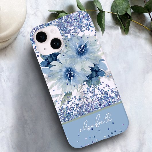 Aangepaste blauwe Floral Glitter Persoonlijke naam Case-Mate iPhone Case
