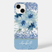 Aangepaste blauwe Floral Glitter Persoonlijke naam Case-Mate iPhone Case (Achterkant)