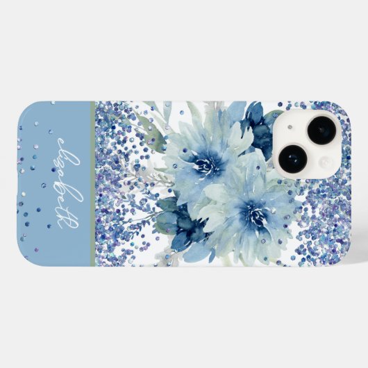 Aangepaste blauwe Floral Glitter Persoonlijke naam Case-Mate iPhone Case (Achterkant (horizontaal))