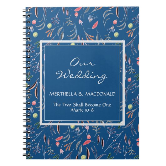 Aangepaste blauwe Floral ONZE WEDDING Notitieboek (Voorkant)