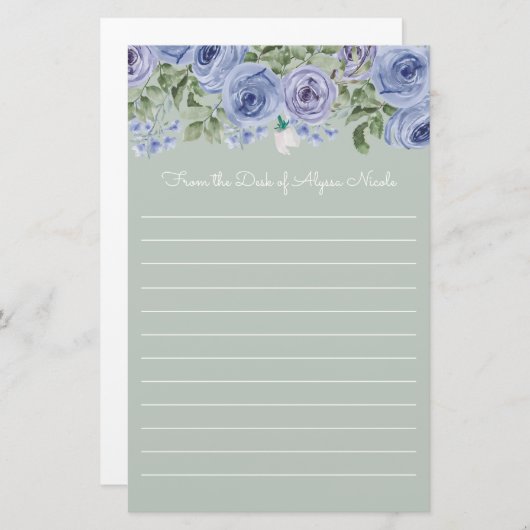 Aangepaste Blauwe Floral Sage Green White Lined Briefpapier (Voorkant / Achterkant)