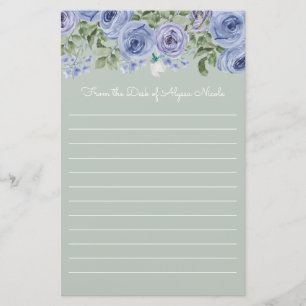 Aangepaste Blauwe Floral Sage Green White Lined Briefpapier