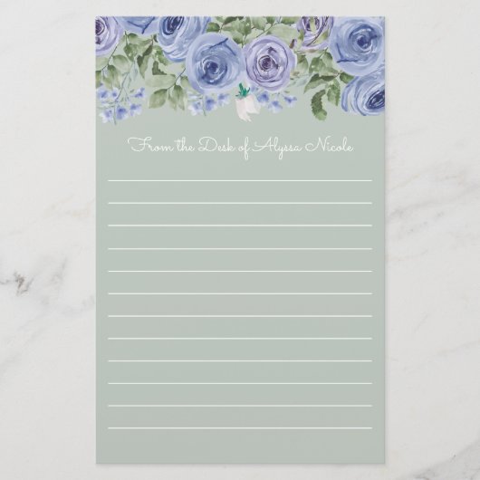Aangepaste Blauwe Floral Sage Green White Lined Briefpapier (Voorkant)