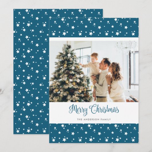 Aangepaste blauwe foto-kerstkaarten feestdagenkaart (Voorkant / Achterkant)