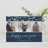 Aangepaste Blauwe Fotocollage Gelukkig Nieuwjaar K Feestdagenkaart (Staand voorkant)