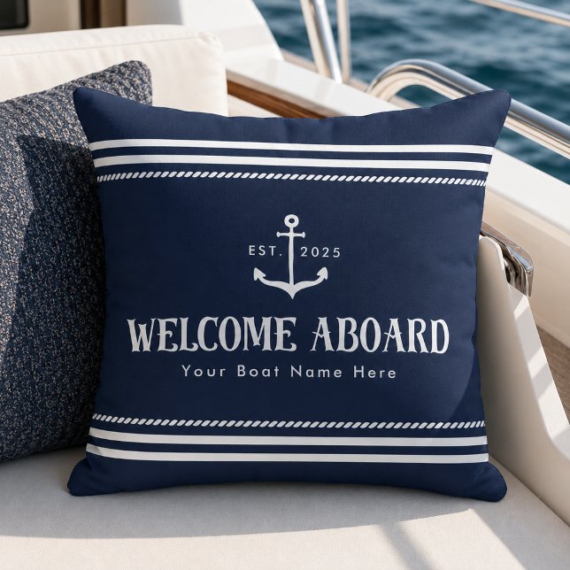 Aangepaste blauwe gestreepte boot Nautilus Welkom  Kussen (Creator heeft geüpload)