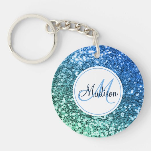 Aangepaste blauwe glitter Mermaid Monogramme Name Sleutelhanger (Voorkant)