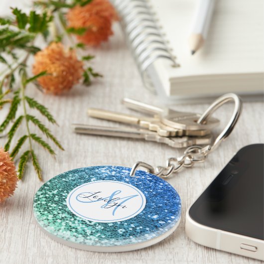 Aangepaste blauwe glitter Mermaid Monogramme Name Sleutelhanger (Voorkant Rechts)