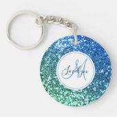 Aangepaste blauwe glitter Mermaid Monogramme Name Sleutelhanger (Voorkant)